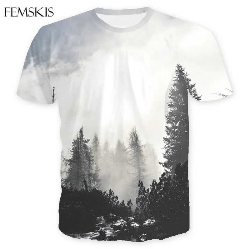 

FEMSKIS Morning Forest Trees Landscape 3D Print T Shirt Graphic For Men Women T-shirt Summer Clothing Short Sleeves Plus Size