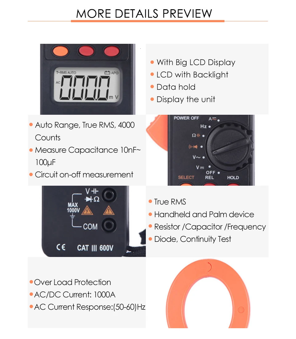 RuoShui VC6056B True RMS цифровой мультиметр токовые клещи Амперметр AC DC 1000A Amperimetro Емкость Частота электрическая