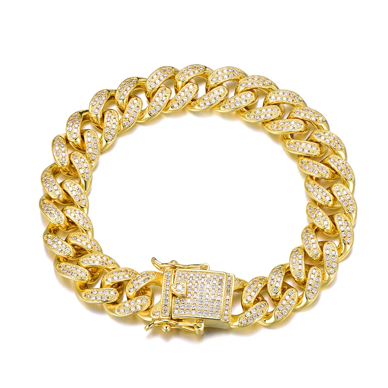 Gold Bracelet Хип-хоп, 12 мм, полностью покрыто льдом, AAA, цирконий, медь, CZ, кубинское звено, цепочка, ожерелье, браслет для мужчин, рэппер, ювелирное изделие, золото, серебро, цвет - Metal Color: Gold Bracelet