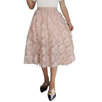 

New Womens Ladies Elastic High Waist Mesh Tulle Tutu Skirt Feather tassels Girls Sweet kawaii Midi Skirt Elegant Femme
