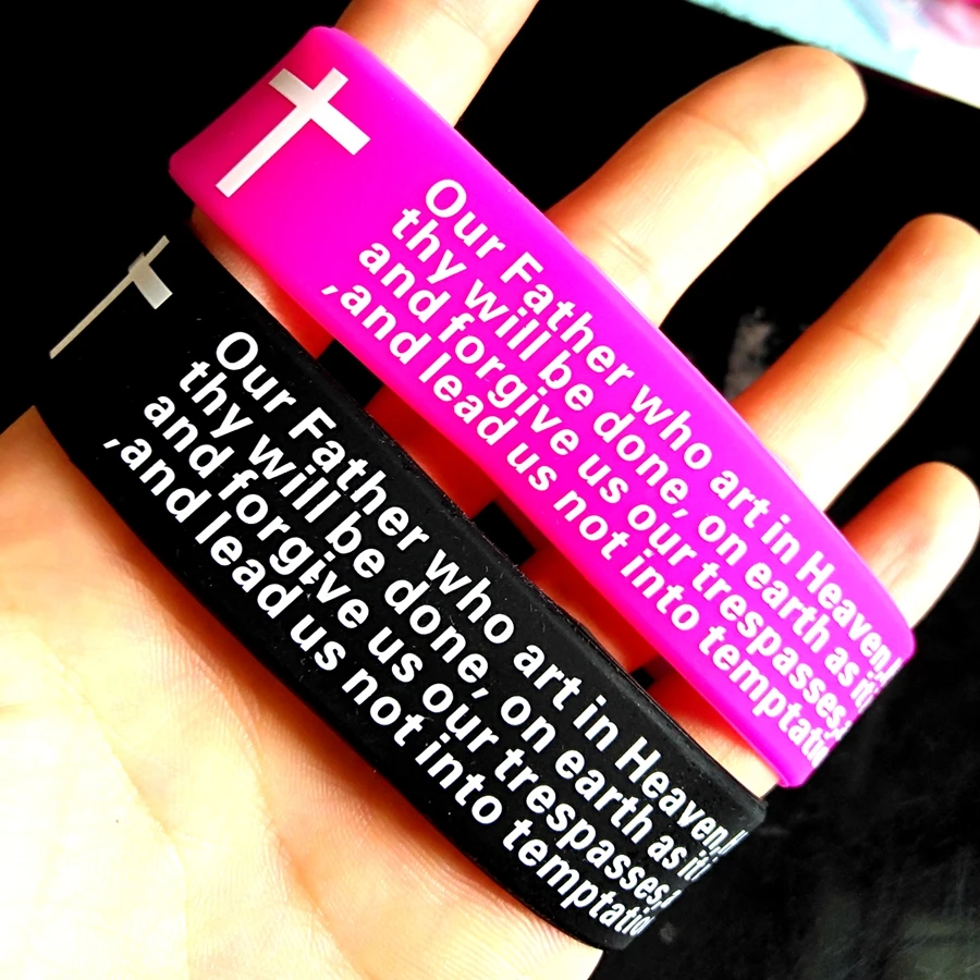 10pcs English Lord's Prayer Christian Inspirational Cross Wristbands Silicone Jesus Bracelets Men Women Religious Jewelry Gift