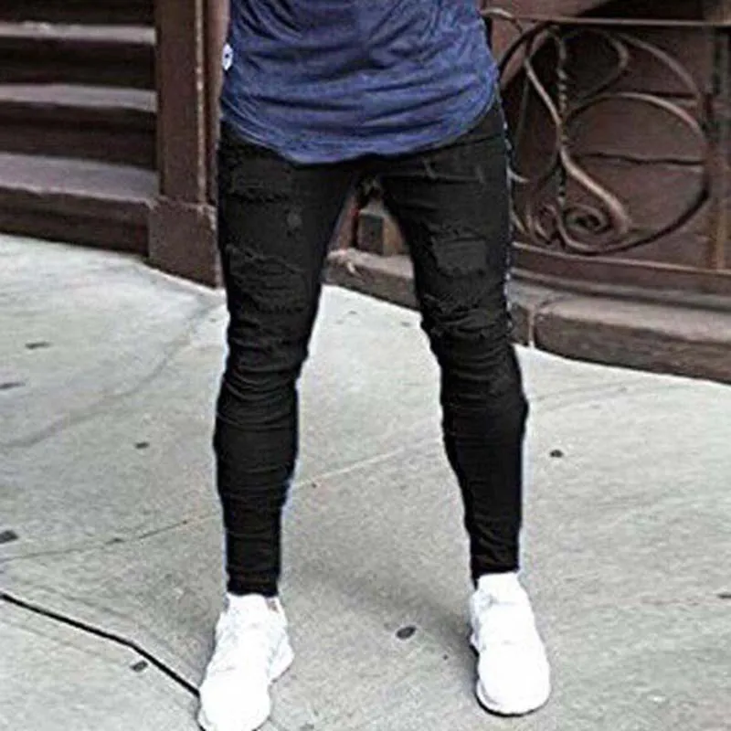 Mens Jeans White High Elastic Waist Skinny Cowboy Trousers Streetwear Slim Biker Blue Ripped Pencil Pants Male Sweatpants Autumn