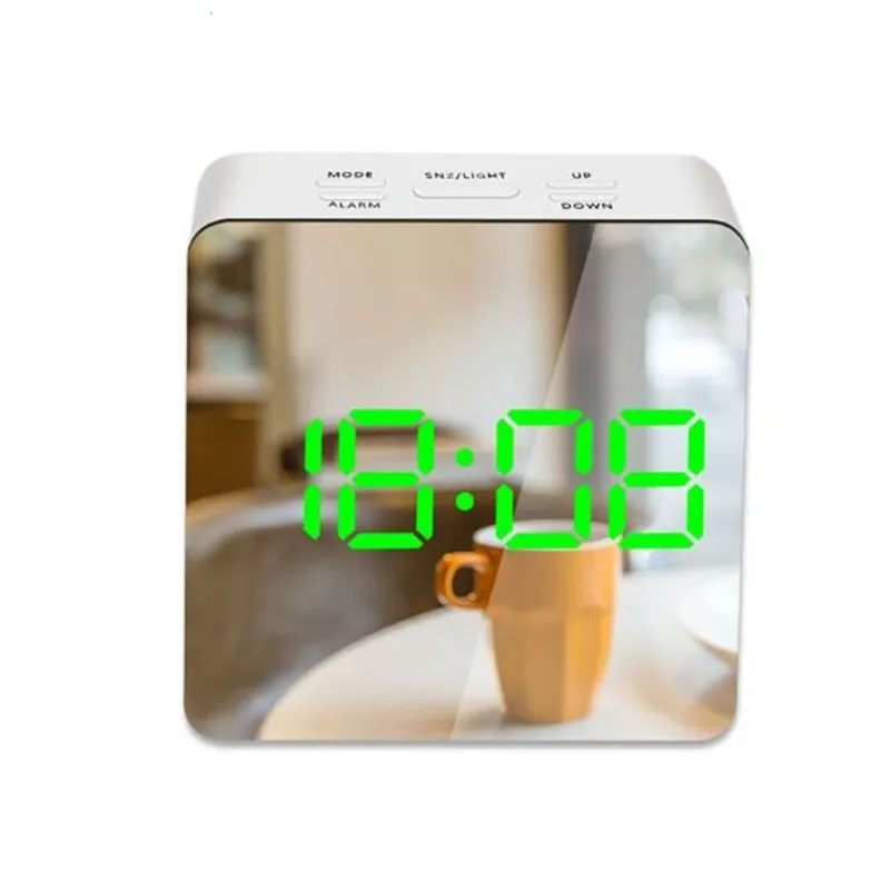 Зеркальный будильник, цифровой Повтор, настольные часы, будильник, светильник, электронный, отображение температуры, светодиодный Будильник для макияжа - Цвет: Square Green