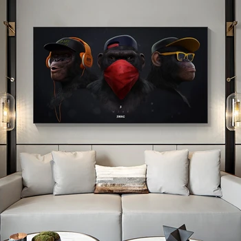 

Masked Music Monkey Posters Oil Paintings on Canvas DJ Baboon Animals Wall Art Pictures Modern Wall Cuadros for Home Decoration