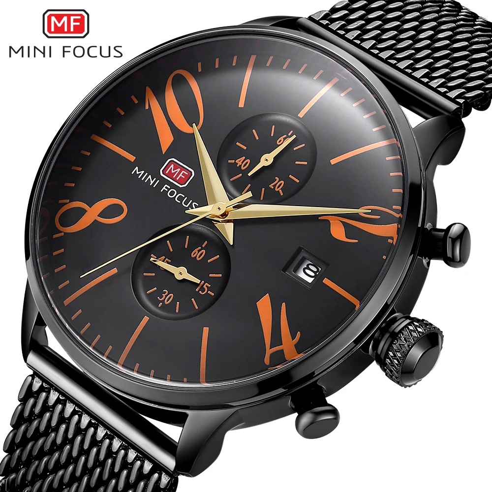 

MINIFOCUS Fashion Sport Watch Men Top Brand Waterproof Black Stainless Steel Strap Mens Watches Quartz Watches Relogio Masculino