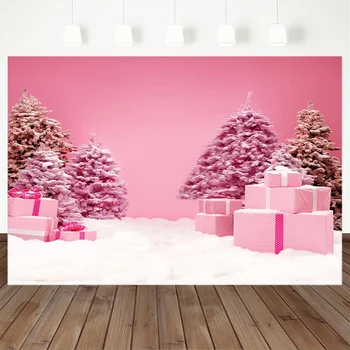 

Christmas Photography Backdrops Pink Christmas Tree Pink Gift Snow Pink Wall Birthday Party Backdrop Decoration Props Printed