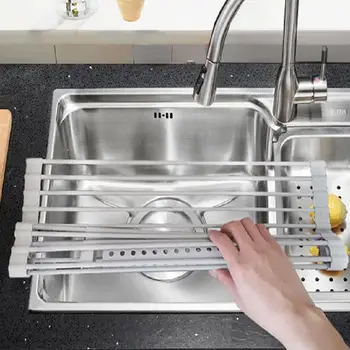 

Rolling Dish Drainer Over Sink Mat Foldable Multi-Use Heat Resistant Silicone Coated Stainless Steel Dish Sink Drying Rack