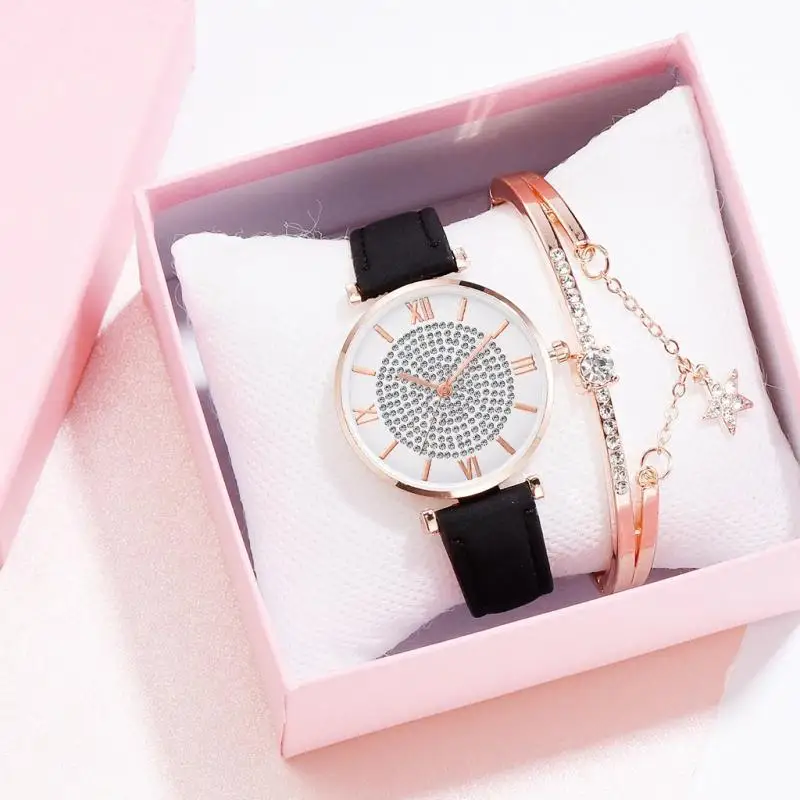 

Fashion NewSet Women's Watch Quartz Strap Bracelet Two-Piece Set Classic Starry Sky Pu Strap Luxury Women Watch Montre Femme