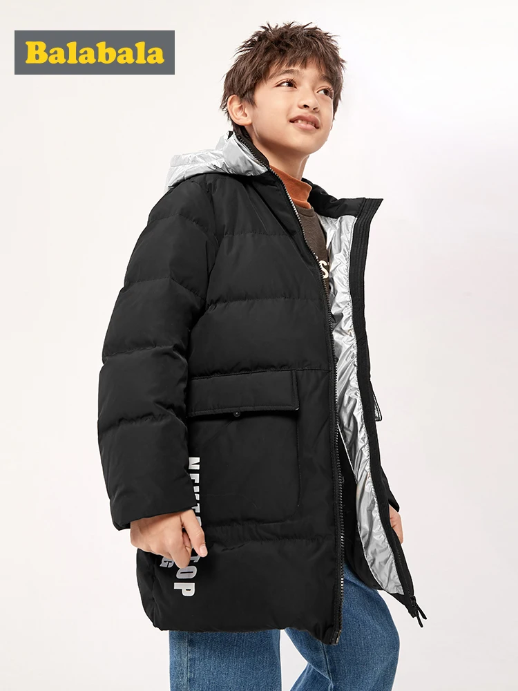 Пуховик для мальчиков; Новинка года; зимняя теплая длинная модная спортивная детская куртка на утином пуху с капюшоном; ветровка