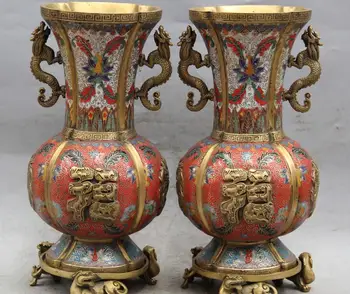

12" Marked China Cloisonne Enamel Gilt Dragon PiXiu Fu Lu Shou Vase Pair Statue