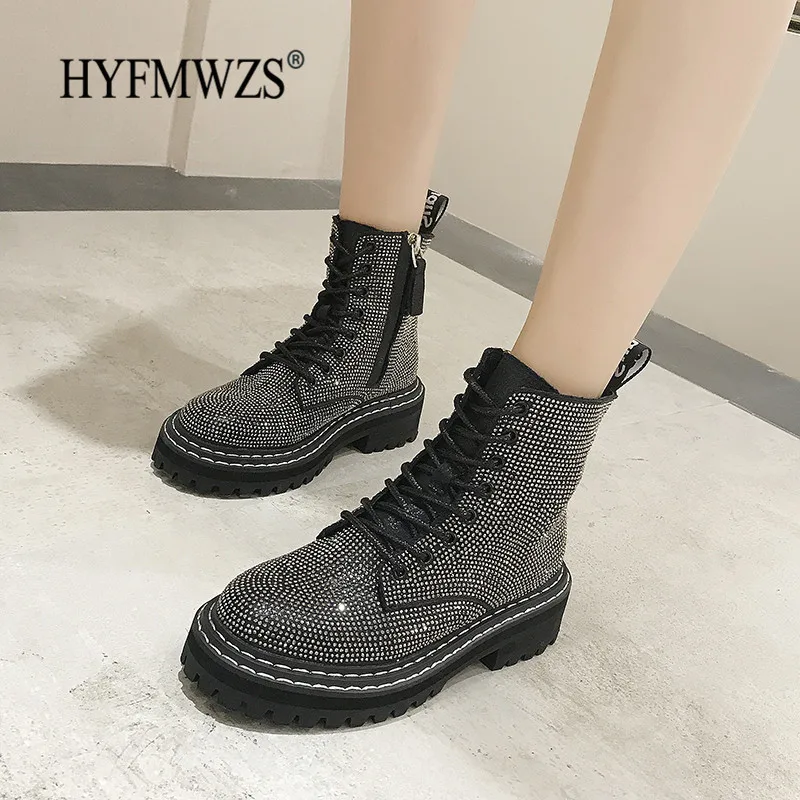 HYFMWZS brillante desechos Botines Mujer 2019 antideslizante botas de plataforma de moda salvaje negro zapatos casuales zapatos de estudiante de Donna 35 39|Botas hasta el tobillo| - AliExpress