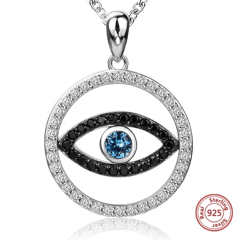 

StrollGirl 100% 925 sterling silver Eye pendants round shape with stone Necklaces chain for women fashion Jewelry gift free ship