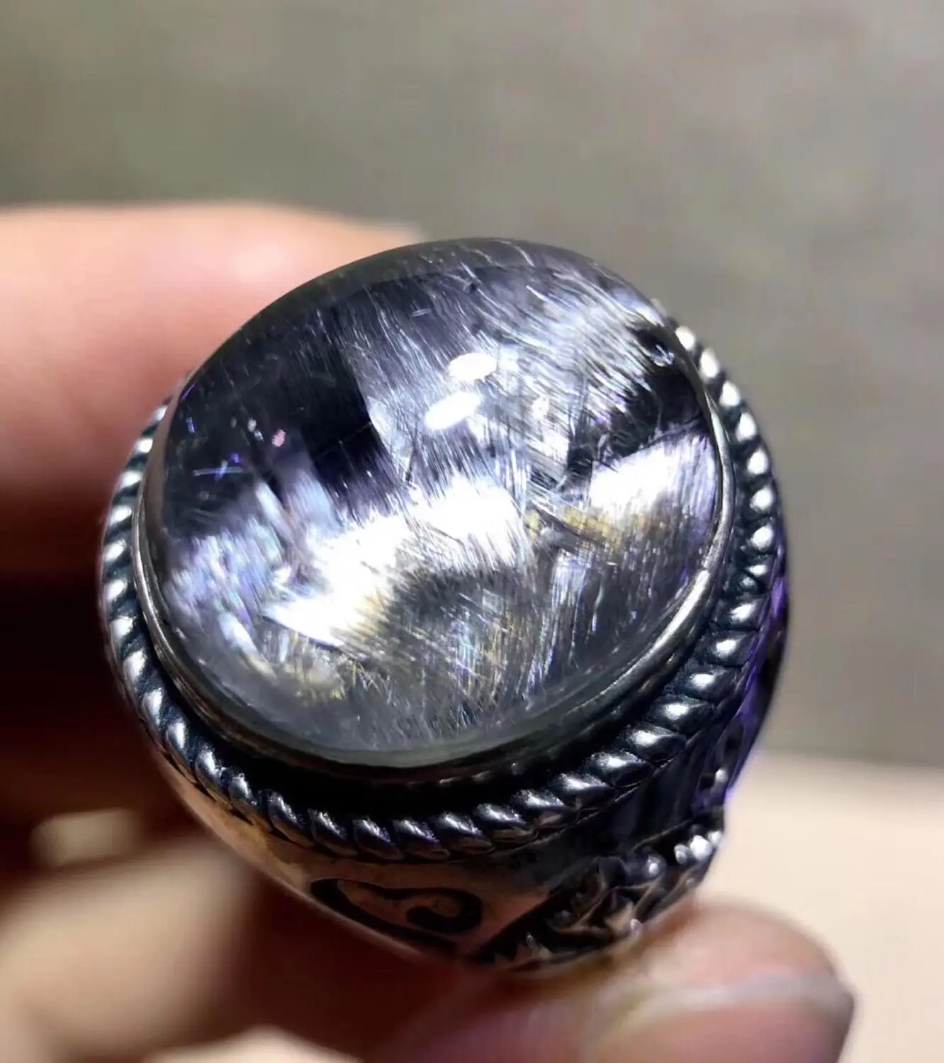 

Top Quality Natural Brookite Platinum Silver Rutilated Quartz Adjustable Ring 17x15mm Woman Men 925 Silver AAAAA Certificate