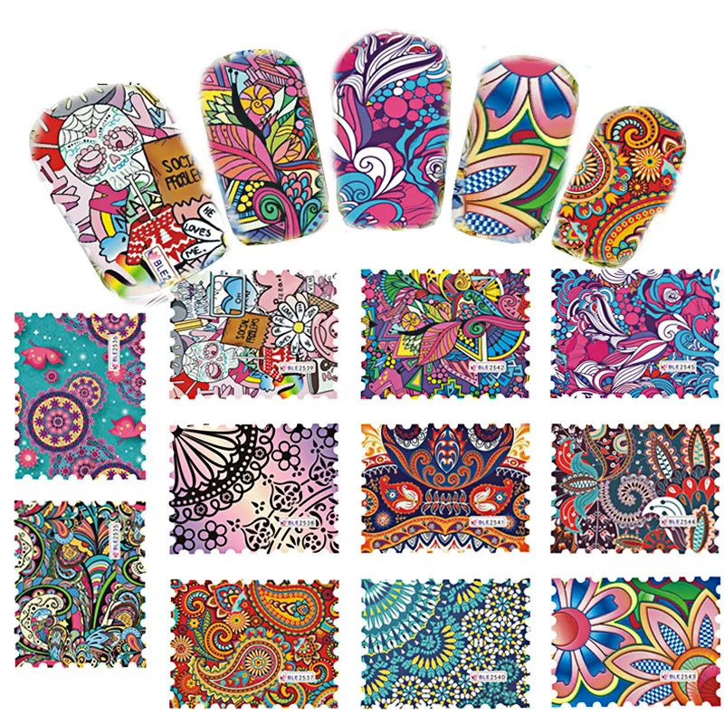 

44 Designs Nail Sticker Sets Retro Stamp Designs for Full Cover Decorations Nails Art Decals Wraps Watermark Tattoo