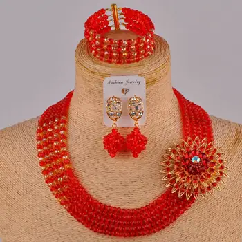 

Costume African Necklace Set Red Crystal Beads Jewelry Sets Nigerian Wedding Set 5JZ