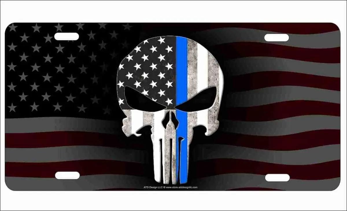 

The Punisher Thin Blue Line on American Flag Background Police Front License Plate Decorative Vanity Aluminum Sign Car Tag