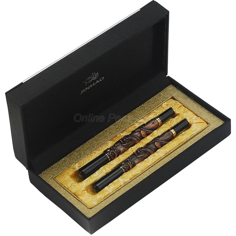 Jinhao Business Oriental Dragon Series Fountain Pen & Rolllerball Pen Metal Embossing Red Copper Color W/Gift Box