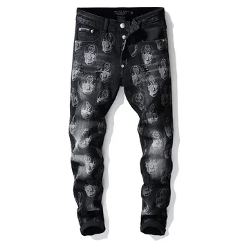 

KIOVNO Skull Printed Jeans Pants Mens Hip Hop Streetwear Denim Trousers Washed Stretch Pants Male