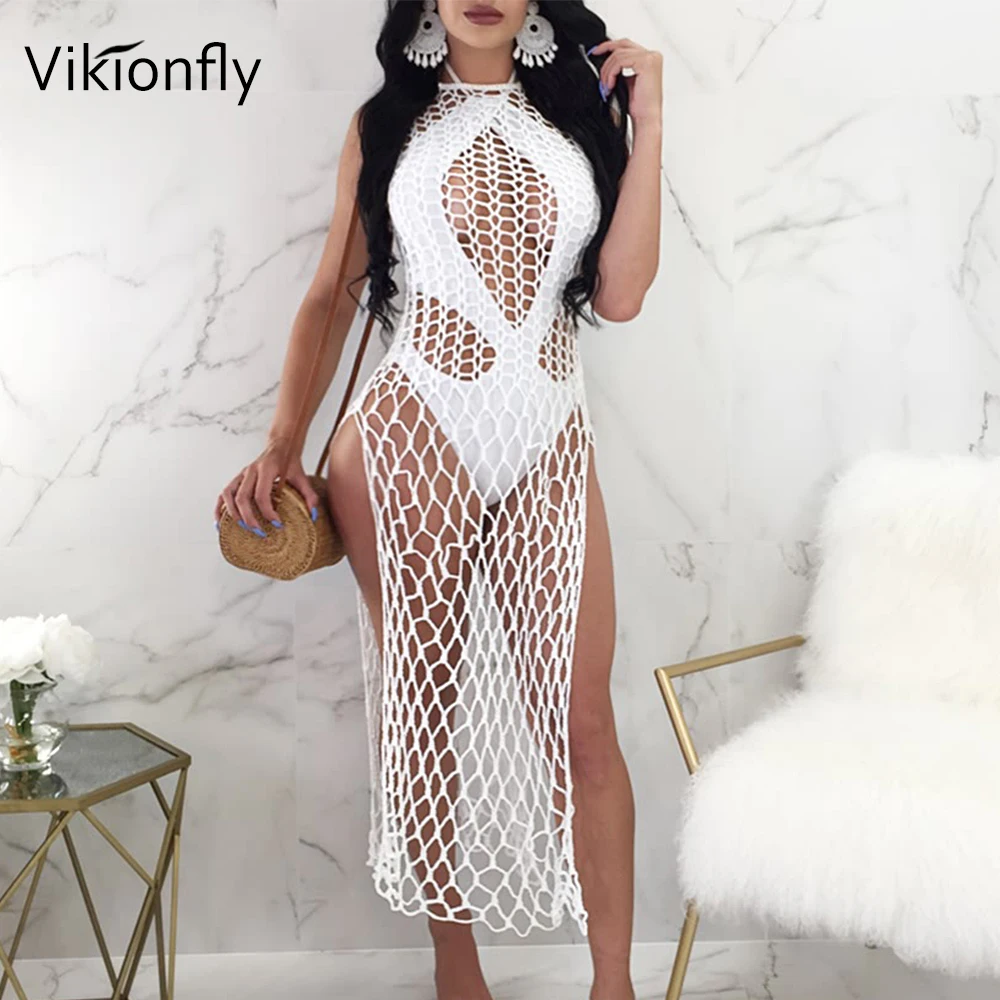 Пикантная Пляжная накидка Vikionfly вязаная крючком Женская Туника 2020 сетчатый