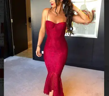 

Good Quality Sexy Strap Whin Red Blub Lace Mid Calf Night Club Bandage Dress Mermaid Evening Rayon Party Bodycon Dress