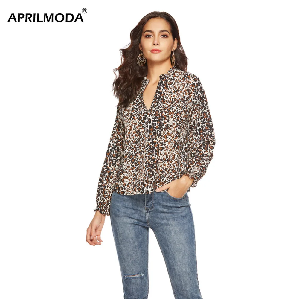2019 Модные женские леопардовые Топы с длинным рукавом и блузки, свободные OL рубашки с v-образным вырезом, вечерние блузы, рубашки, блузки