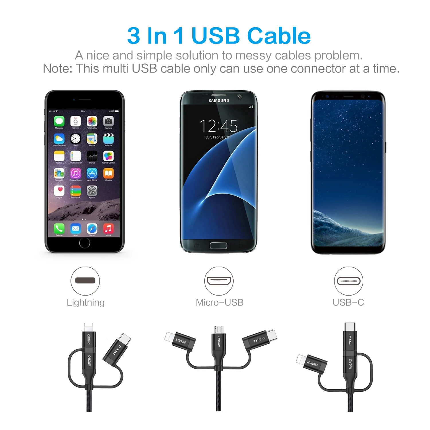 CHOETECH 3 в 1 Android Мобильный USB кабель для передачи данных для iPhone Micro usb type C зарядный кабель для Xiaomi MI8 samsung провод для быстрой зарядки