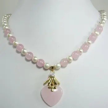 

trendy mixed white pearl pink Natural JADE necklace +heart pendant