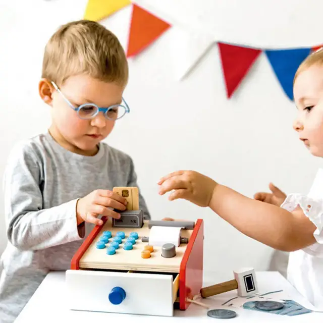 New Cute Kids  Money Banking Pretend Play Wooden Simulation Market Cash Register Children Play House Toys Gift Set 6