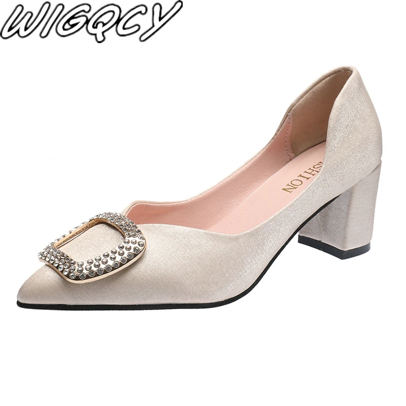 

2020 sparkling diamond luxury shoes women shallow Pointed Toe Office Career work sexy high heels Square heel Flock women's shoes