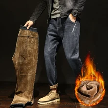 Зимние новые мужские теплые джинсы Модные Повседневные Классические Стильные синие черные джинсовые утепленные брюки мужские брюки