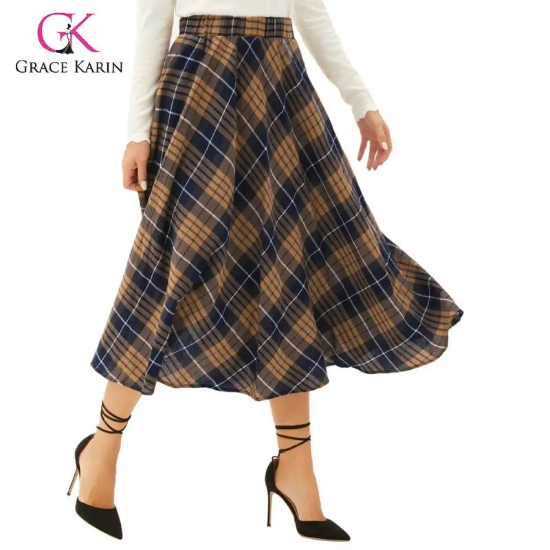 Grace Karin Women Vintage Classic Grid Pattern Plaid High Waist A-Line Skirt Fashion Flared Skirt High Waist Pleated Midi Skirts