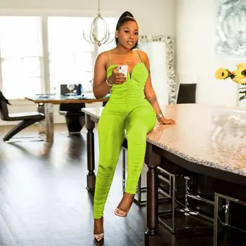 

ZKYZWX Sexy Bodycon Ruched Jumpsuit Women Summer Body Clothes One Piece Club Outfits Spaghetti Strap Backless Rompers Overalls