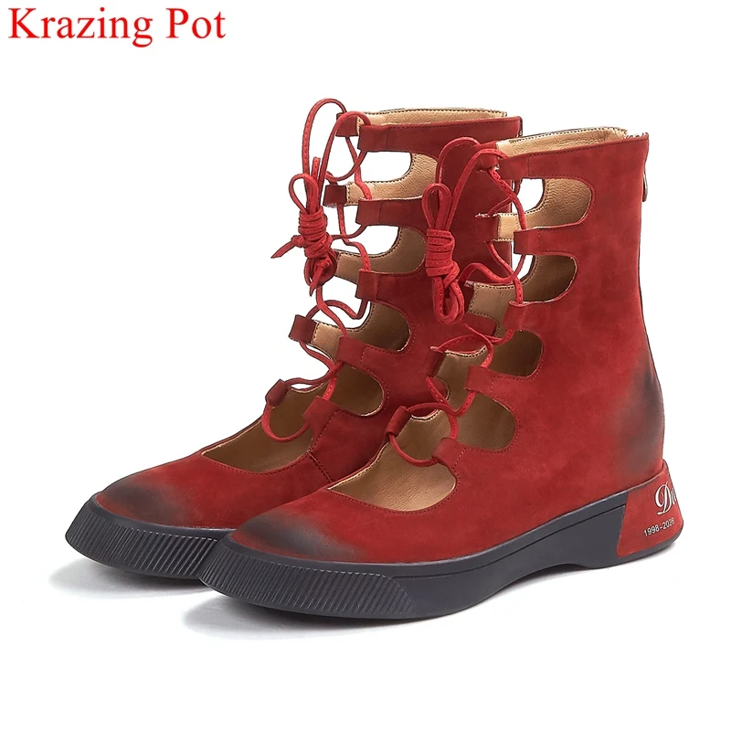 

superstar size 40 round toe thick bottom ankle boots med heels lace up retro gladiator casual red increasing spring shoes L22