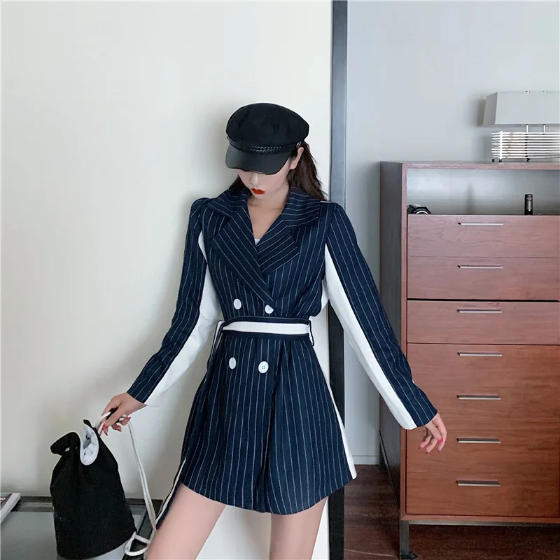 

Korean-style Elegant Long Sleeve Stripes Casual Autumn Mid-length Retro Hong Kong Flavor Suit Jacket Tops WOMEN'S Dress