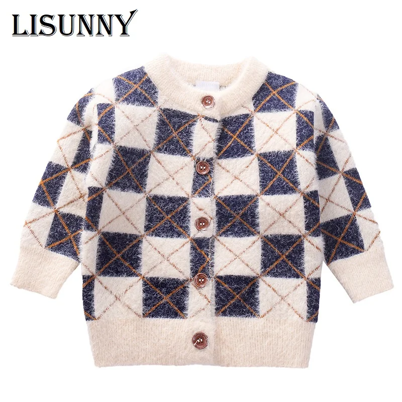

2019 New England style Autumn Winter Boys Sweater Baby boy Plaid Cardigan mink velvet knit Kids Clothes Children warm Coat 0-6y