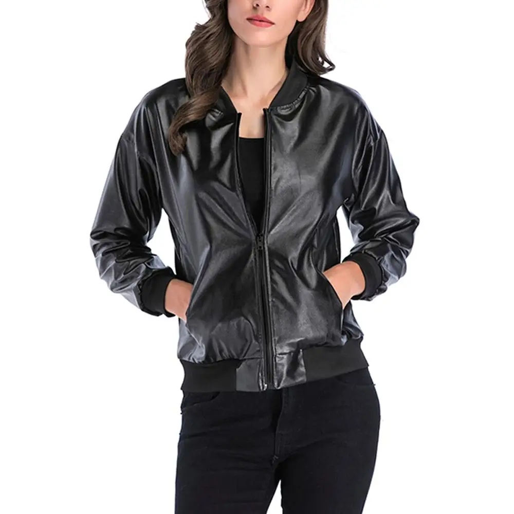 Finest  Women's Black Pu Jacket Fashion Short Faux Leather Motorcycle Jacket Zip Soft Coat Spring Autumn Wo