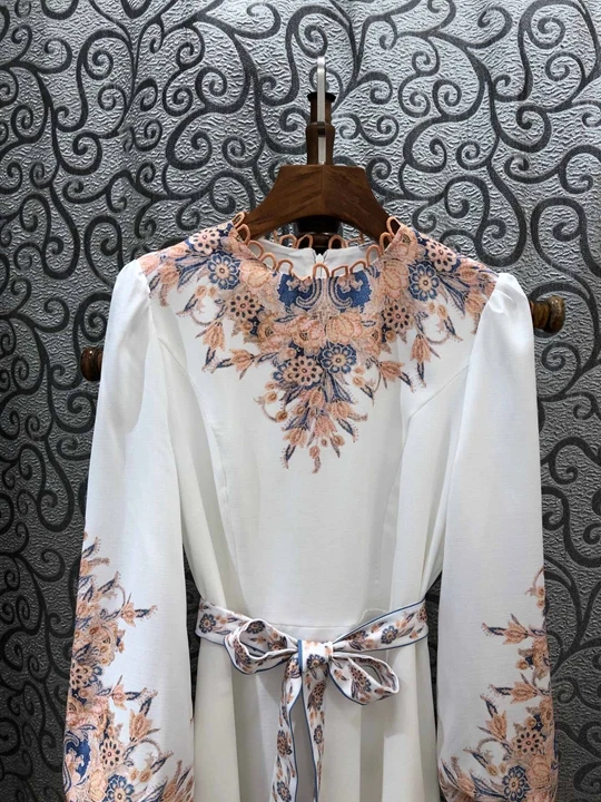 winter new women lantern sleeve lace waist print dress 1109