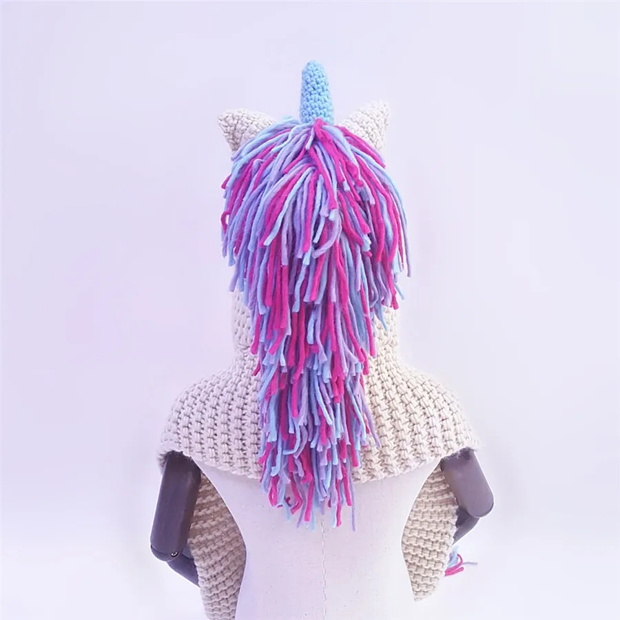 Children Rainbow Unicorn Soft Skullies Beanies Hats Shawl Scarf Set With Two Pockets Warm Knitted Kids Girls Bonnet Cap
