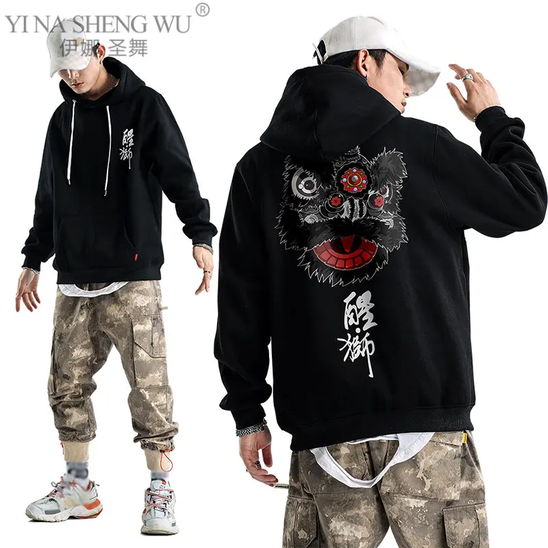 Thickening Hoodies Autumn Winter Hooded Top Chinese Style Cotton Streetwear Harajuku Style Hip-hop Long Sleeve Hooded Pullovers