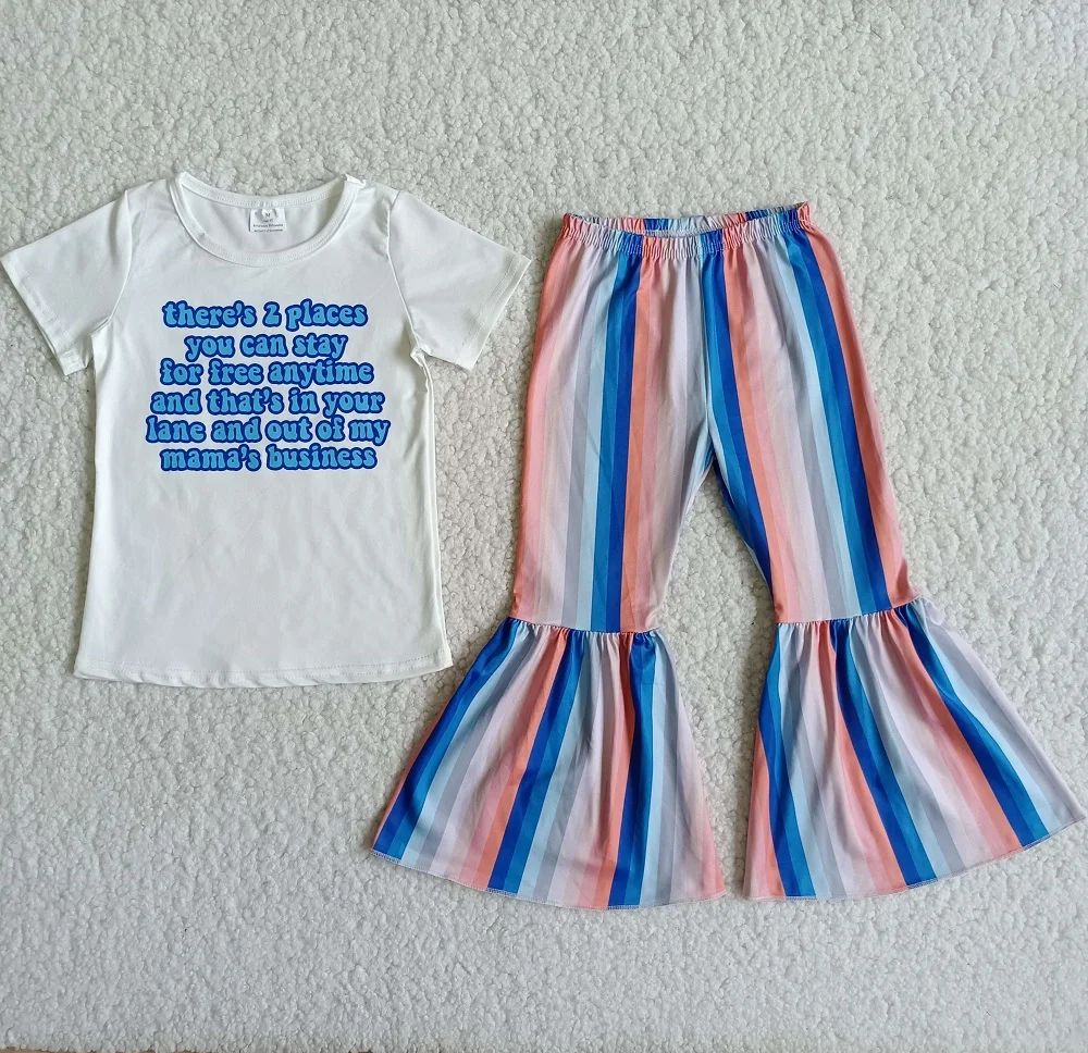 

Children Spring Autumn Short Sleeve Shirt Baby Girls Letter Print Kids Strip Colorful Bells Pants Boutique Clothes Sets