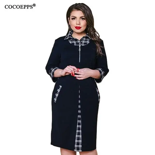 COCOEPPS, женское платье, плюс размер, клетчатое, зимнее, повседневное, для женщин, Осеннее, большой размер, для работы, для девушек, для офиса, большой размер, облегающее, вечерние, vestido - Цвет: Тёмно-синий