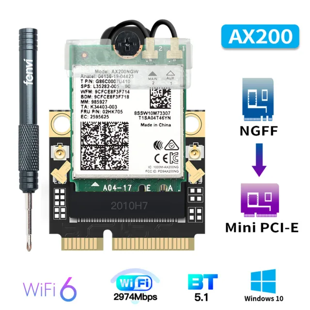 Mini PCI-E Wi-Fi 6 Adapter Wireless 2974Mbps Bluetooth 5.0 Intel AX200 Wifi Card AX200NGW 802.11ax/ac 160Mhz 2.4G/5G Windows10 3