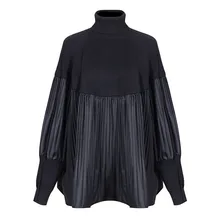 

New Fashion 2021 Autumn and Winter Long Sleeve Stitching Split Knitted Sweater Loose Fit High NeckLadies Large Size Pullover