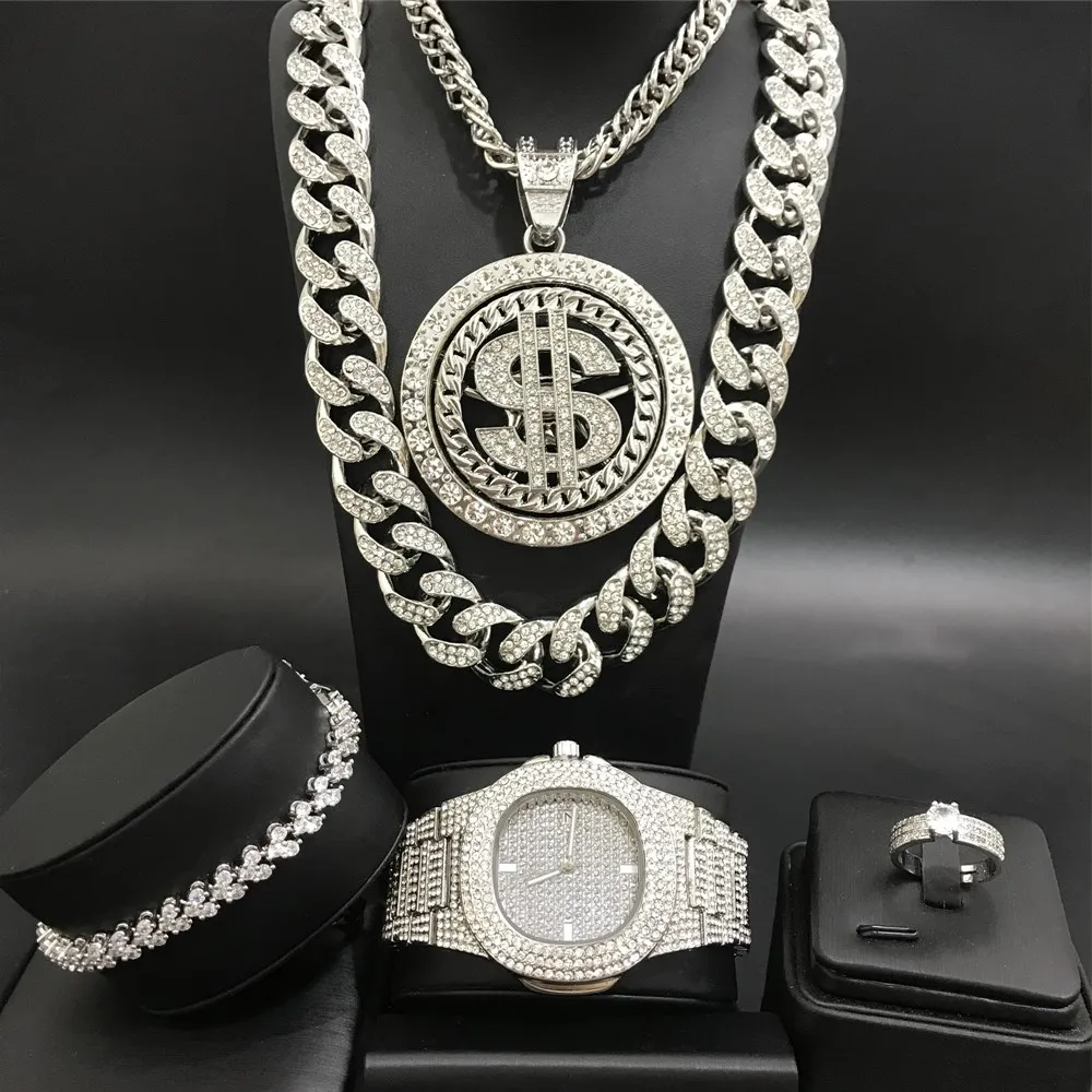 Luxury Men Watch & Necklace & Braclete & Ring Combo Set Ice Out Cuban Watch Crystal Miami