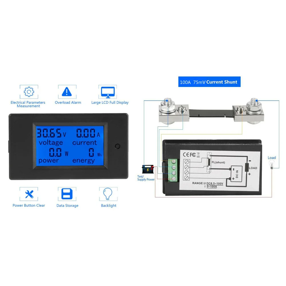 Черный DC мощность мультиметр тестер Вольтметр цифровой измеритель Калибр 100A