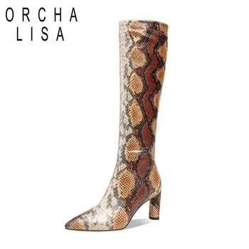 

ORCHA LISA Women knee boots High quality Snake Patent leather Pointed toe Slip on Sexy Party shoes Autumn winter Fashion C2106