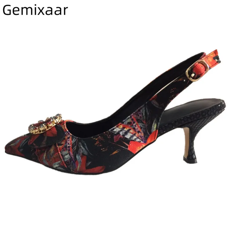 

Slim Shallow Decor Jewelry Woman Sandals Pointed Toe Narrow Buckle Party Sandalias Med Thin Heel Flower Pattern Woman Sandals