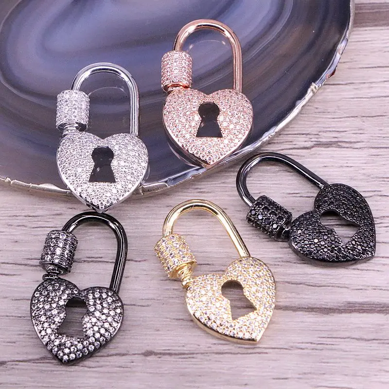 6 шт., CZ Micro Pave сердце замок Форма застежка, золото/розовое золото/бронза/серебро u-образный замок, карабин проложить замок, фурнитура