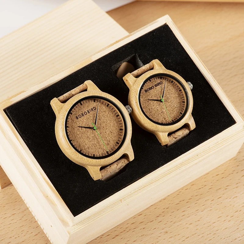 BOBO BIRD Customized Lover's Watches Engrave on Wooden Box Genuine Leather Strap Wood Quartz Men Women Timepieces Gift for Her