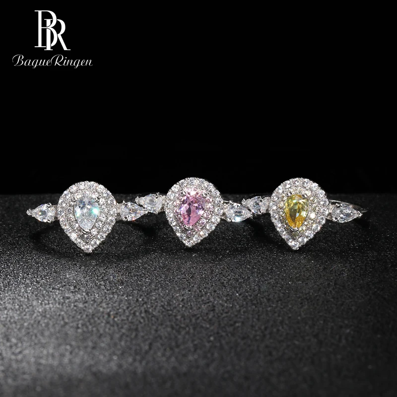 Bague Ringen в форме капли воды серебро 925 Ювелирное кольцо с камнями для женщин Желтый Розовый Белый AAA циркон Size5-10 женский подарок